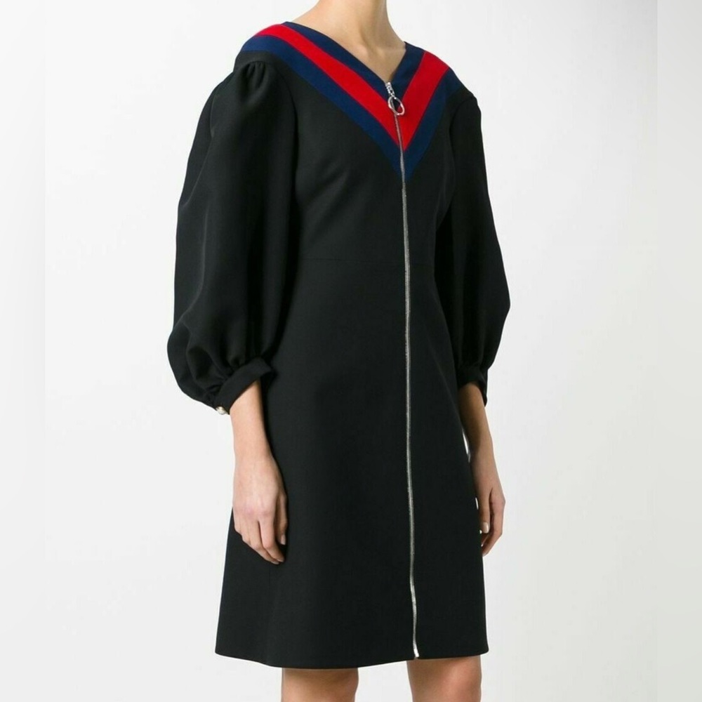 ✨ NWT GUCCI Black Silk Wool Zip Front Web Trim Sheath dress - Picture 3 of 9